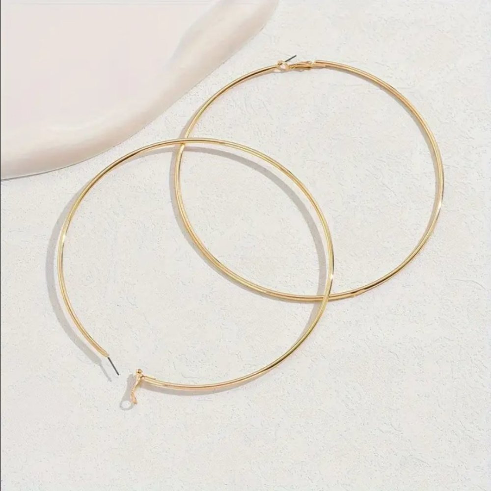 18K Gold Large Wire Hoop Womens Earrings Big Hoops Ladies Statement Jewelry 18 K - Picture 2 of 5